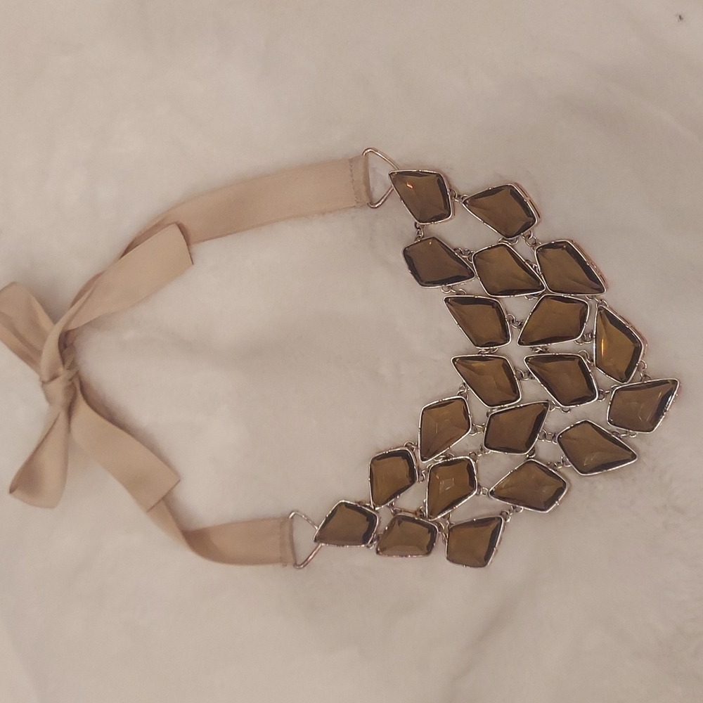 Banana Republic Jeweled statement necklace with cream ribbon